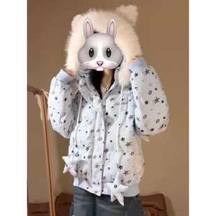 2025冬季新款设计感保暖面包服外套可爱萌卡星星毛领连帽时尚棉服