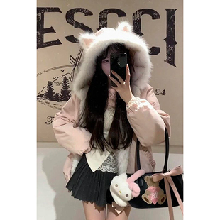 甜妹温柔粉色毛茸茸猫耳朵连帽夹克棉服女冬季宽松百搭座山雕外套