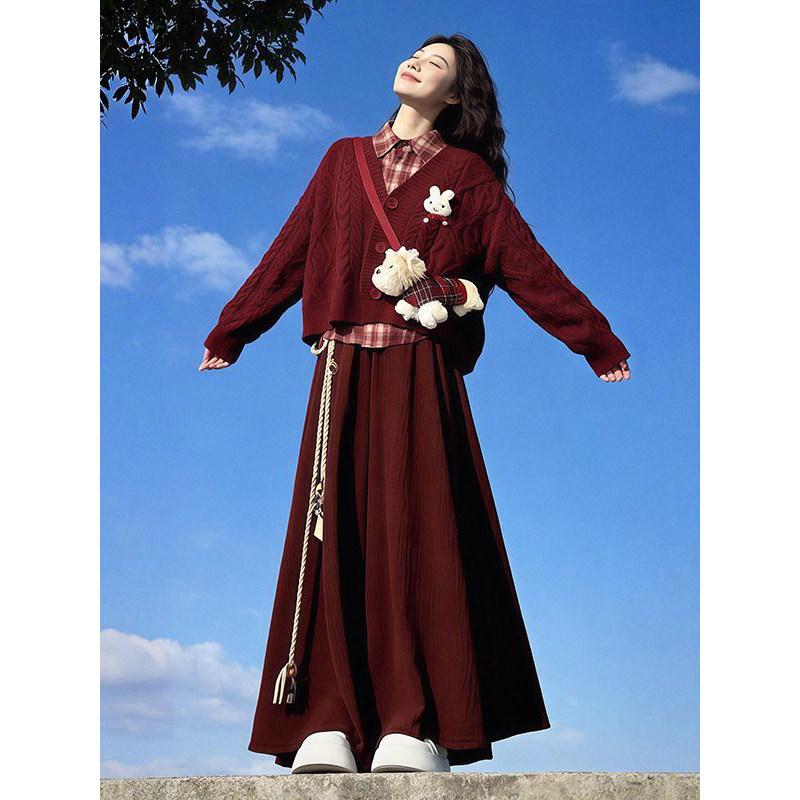 甜美少女感高级红色格纹衬衫上衣叠穿长袖毛衣女松紧腰半身长裙子,女装/女士精品,时尚套装,淘宝优惠券,粉丝福利购,淘宝优惠卷