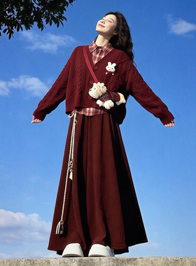 甜美少女感高级红色格纹衬衫上衣叠穿长袖毛衣女松紧腰半身长裙子