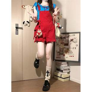 法式 上衣女两件套 可爱少女穿搭感红色背带短裤 搭配木耳边蓝色无袖