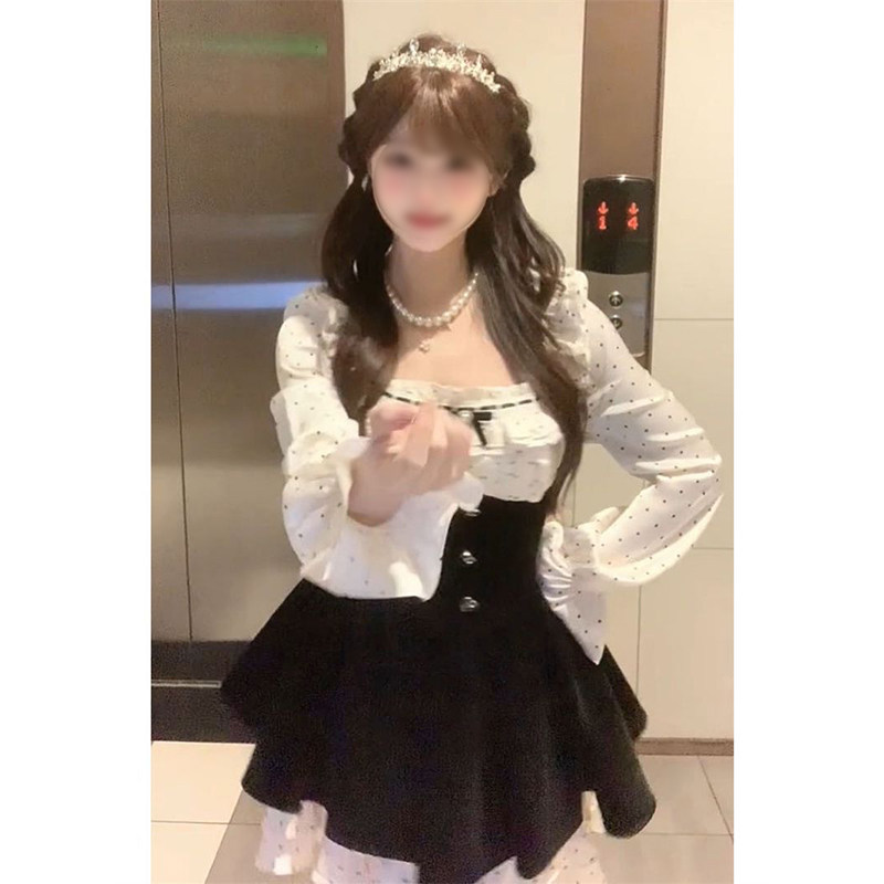 法式温柔甜美小个子假两件方口领波点连衣裙女收腰遮肉长袖a字裙,女装/女士精品,连衣裙,淘宝优惠券,粉丝福利购,淘宝优惠卷