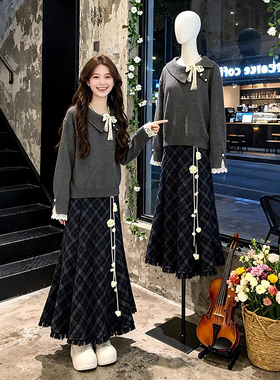 入冬韩系一整套穿搭蝴蝶结灰色针织衫毛衣女高腰格纹半身裙两件套