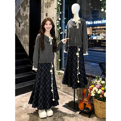 入冬韩系一整套穿搭蝴蝶结灰色针织衫毛衣女高腰格纹半身裙两件套