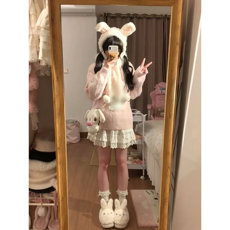 卡通兔子提花软糯毛领连帽毛衣