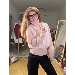 2025新款粉色立领针织拼接短款抗冻棉衣女款冬季修身显瘦超仙外套