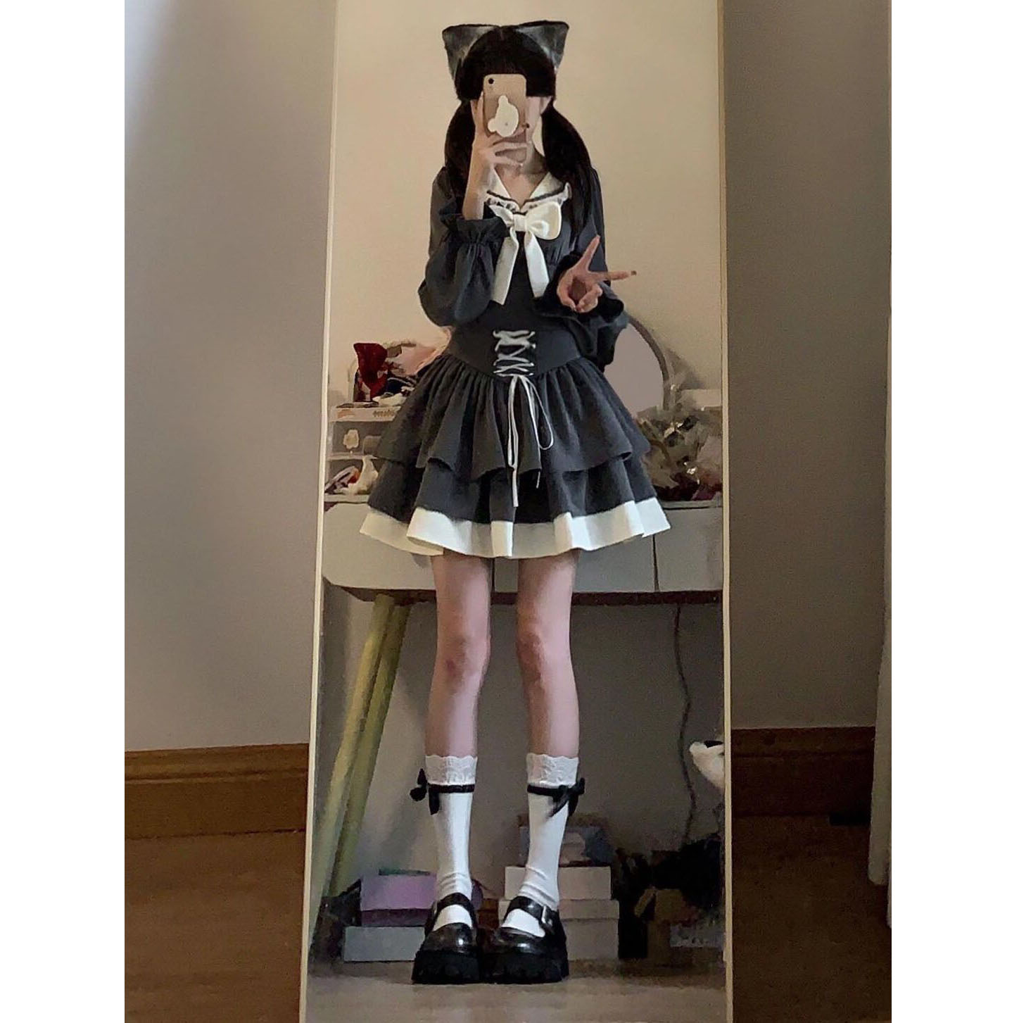 日系甜美学院风复古蝴蝶结海军领上衣女学生搭配绑带高腰半身短裙