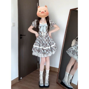蕾丝拼接收腰蓬蓬短裙 甜美少女学院风蝴蝶结格纹连衣裙女学生夏季