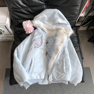 日系软妹冬季夹棉加厚棉服可爱猫咪刺绣加厚保暖棉衣毛茸茸外套女