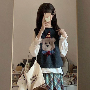 花边衬衫 日系少女风可爱小熊毛衣马甲 格纹半身长裙 新款 2025春季