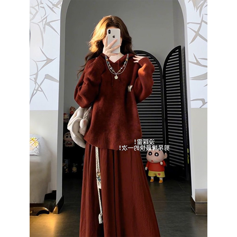 学院复古风穿搭一整套圣诞高腰红色半身裙+连帽红色针织毛衣+腰带,女装/女士精品,时尚套装,淘宝优惠券,粉丝福利购,淘宝优惠卷