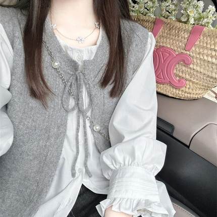 2024秋季新款韩系圆领短款针织马甲背心+泡泡袖衬衫学生女两件套