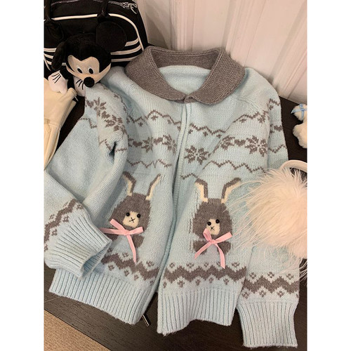 浅蓝色针织开衫毛衣宽松慵懒外套