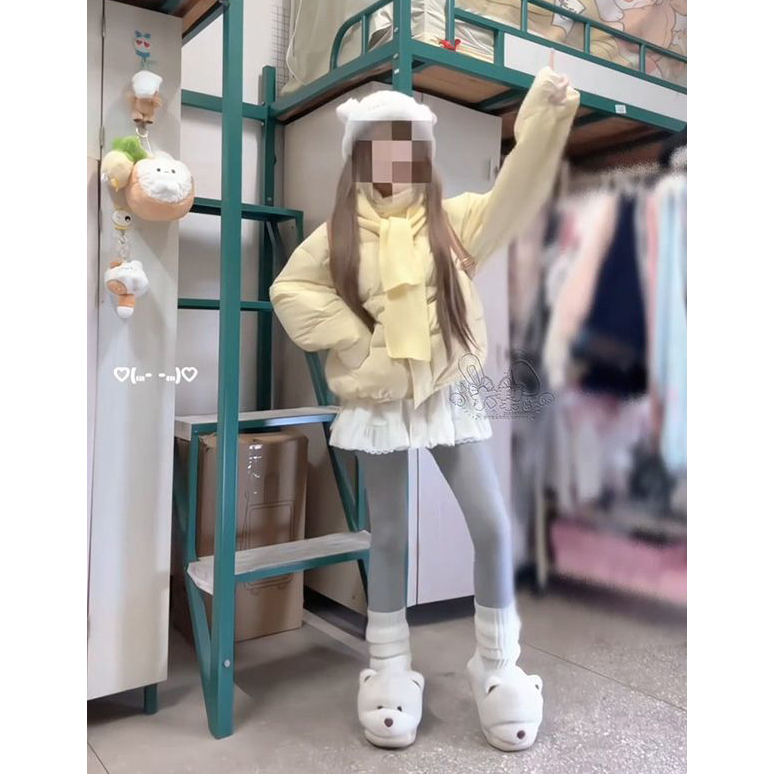 多巴胺小个子加厚保暖面包服棉衣+奶黄色针织披肩冬季新品两件套