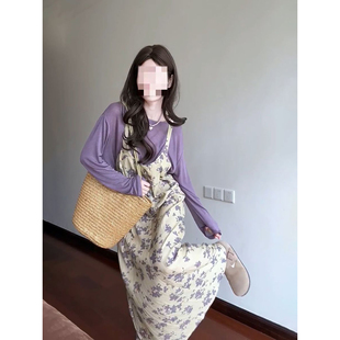 2026春季新款韩系温柔风紫色长袖T恤搭配碎花吊带连衣裙两件套装