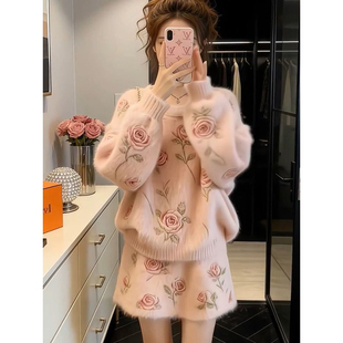 2026新年战袍粉色玫瑰毛绒软糯宽松针织套头毛衣女搭配包臀短裙子