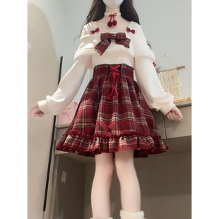 超好看方领可一字肩穿搭假两件蝴蝶结格纹连衣裙秋冬新年公主短裙