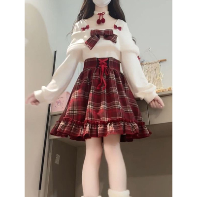 超好看方领可一字肩穿搭假两件蝴蝶结格纹连衣裙秋冬新年公主短裙