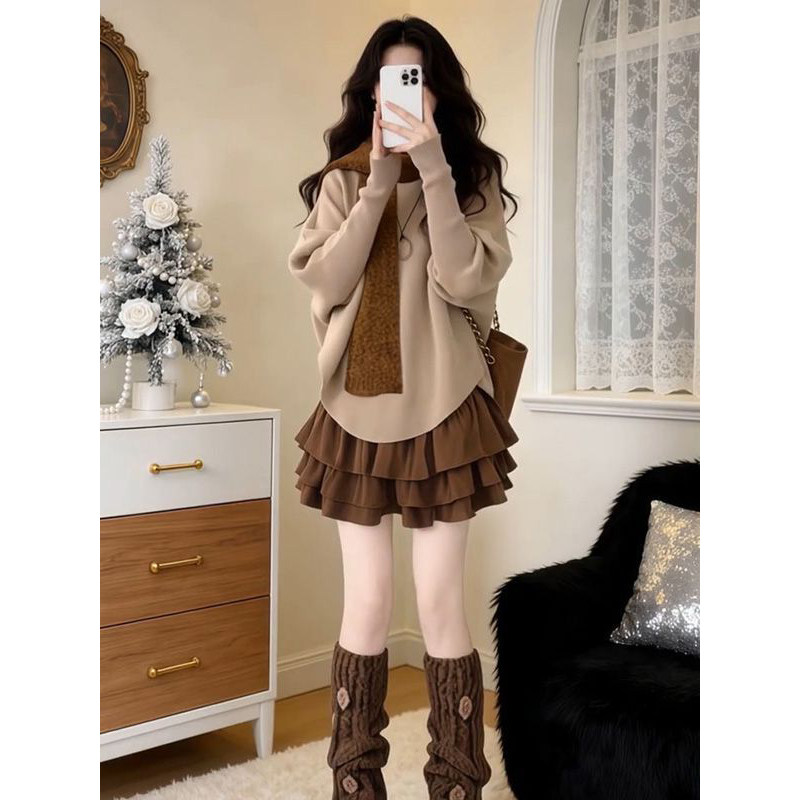 2026春秋优雅知性卡其色宽松毛衣搭配显瘦咖色半身裙女含围巾套装,女装/女士精品,时尚套装,淘宝优惠券,粉丝福利购,淘宝优惠卷