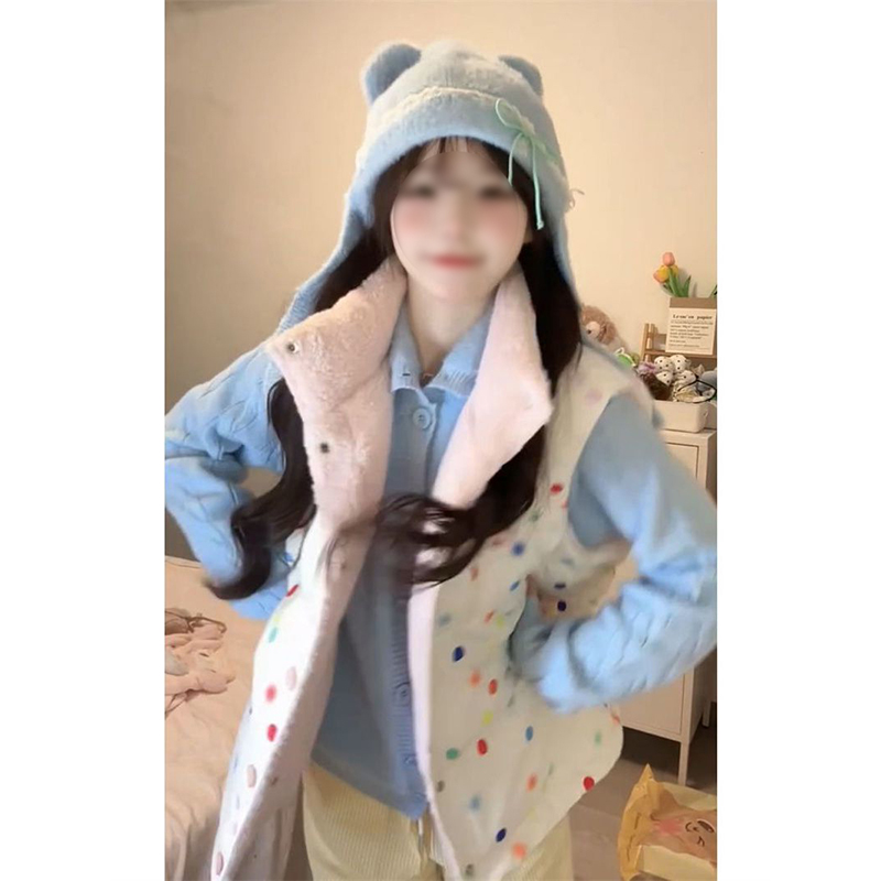 甜美少女感日系可爱波点棉服马甲女+高级蓝色麻花针织毛衣两件套