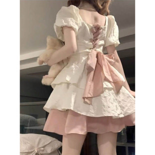 少女风甜美渐变色蝴蝶结系带连衣裙女学生宽松方领蓬蓬公主裙 春季