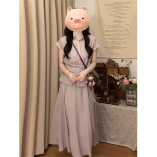 夏季 上衣女学生搭配高腰半身裙两件套 法式 温柔淑女风穿搭抽绳短袖