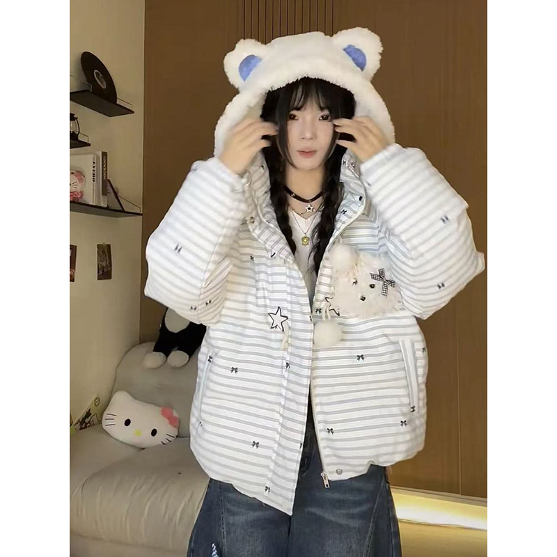 甜美风原创奶呼呼小熊撞色设计感面包服小众别致冬季连帽加厚外套