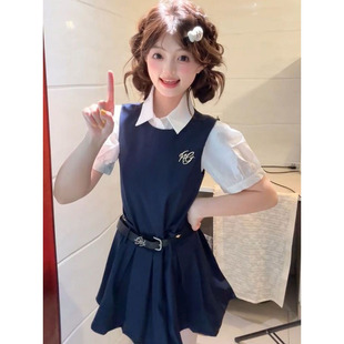 日系学院风少女感穿搭藏青色百褶背心裙女搭配短袖 两件套 衬衫 夏季