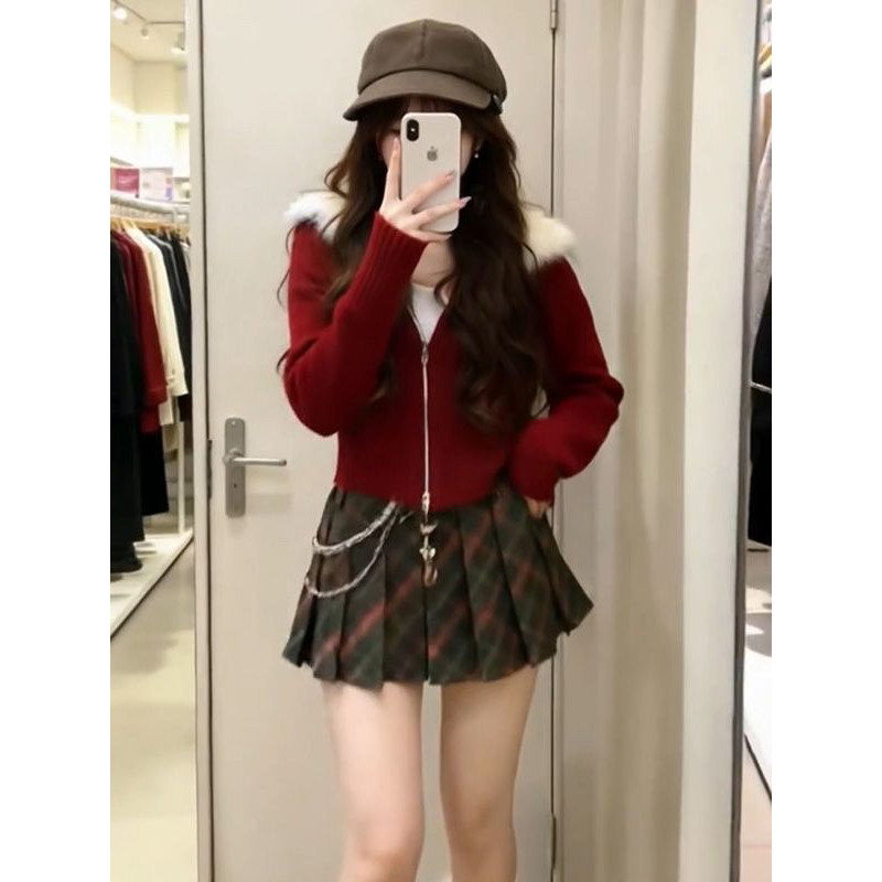 2026学院风春节新年红色设计感双拉链外套女格纹半身百褶短裙套装,女装/女士精品,时尚套装,淘宝优惠券,粉丝福利购,淘宝优惠卷