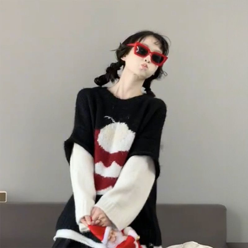 假两件提花黑色针织衫圆领上衣