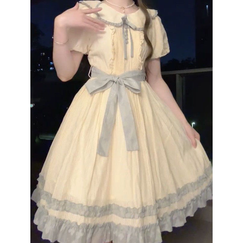 法式温柔可爱娃娃领泡泡袖连衣裙女夏季新款绑带收腰蓬蓬公主短裙