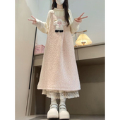 可爱甜美少女感学院风小羊提花减龄背带裙女 两件_套装 长袖 打底衫