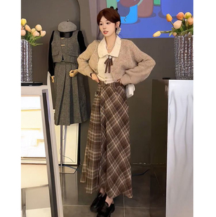 千金气质风高级感撞色假两件针织毛衣开衫 高腰格纹a字中长裙 秋季