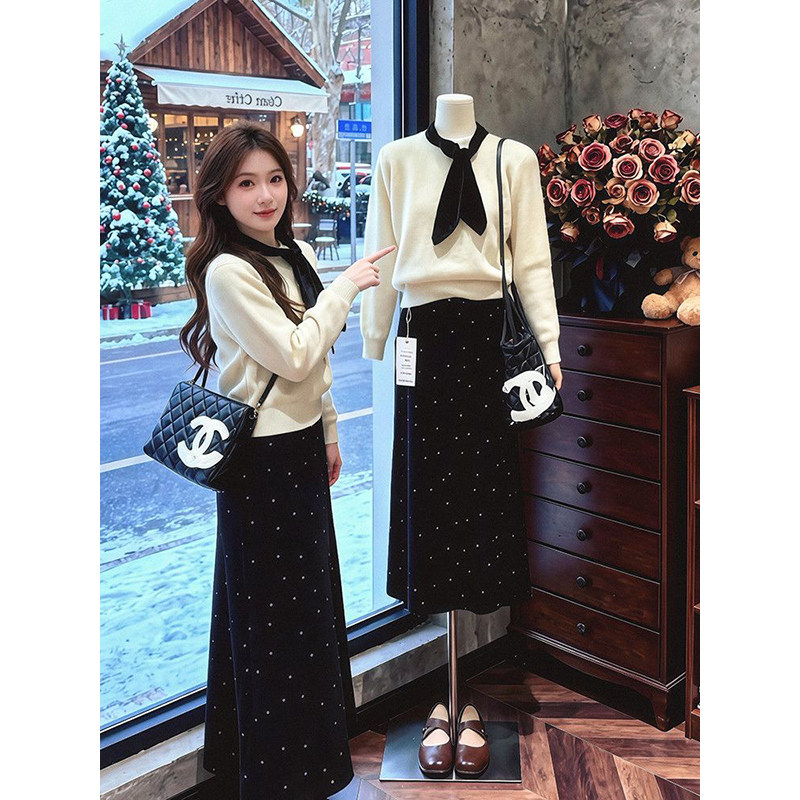 韩版复古慵懒风高级杏色假两件毛衣搭配黑色波点半身长裙两件套装,女装/女士精品,时尚套装,淘宝优惠券,粉丝福利购,淘宝优惠卷