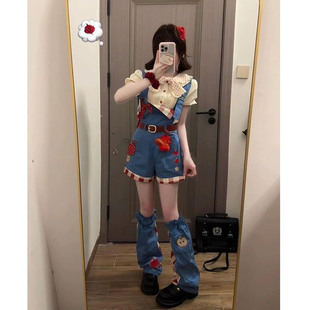 两件套装 日系可爱小个子穿搭一整套装 衬衫 苹果背带裤 女搭配泡泡袖