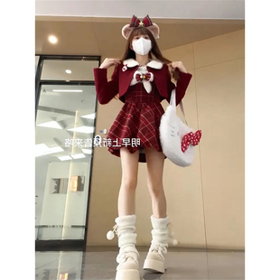 2026春季新款格纹花苞蝴蝶结连衣裙搭配白色内搭短款外套三件套装