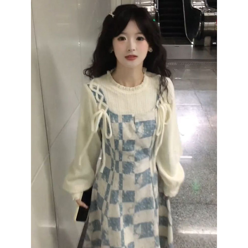 法式小众时尚高级设计感格纹拼接气质温柔显瘦假两件连衣裙女学生