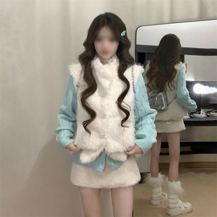 森系甜美温柔风软糯毛茸茸马甲女冬季叠穿麻花薄荷绿修身毛衣套装