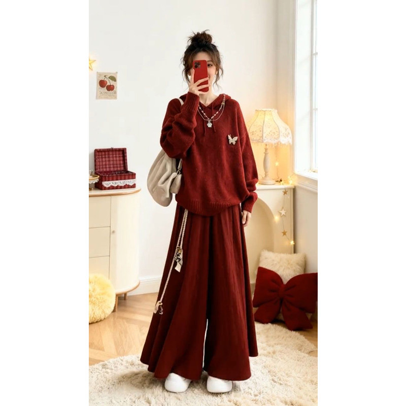 氛围感时尚感圣诞跨年针织连帽红色毛衣搭配气质显瘦半身裙两件套,女装/女士精品,时尚套装,淘宝优惠券,粉丝福利购,淘宝优惠卷