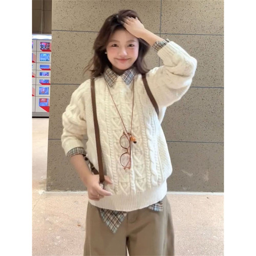 麻花针织套头毛衣女POLO领格纹衬