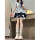 韩系甜美学院风穿搭蓝色小飞袖 上衣女学生搭配高腰花苞短裙两件套