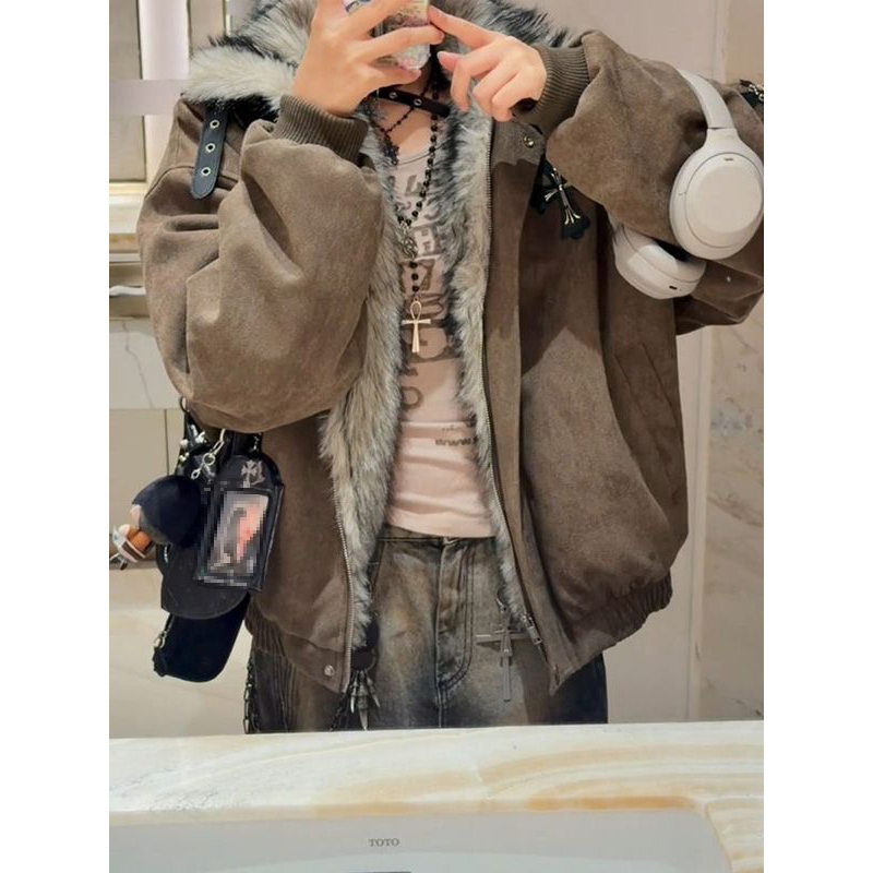 秋冬美式潮流保暖毛领十字架棉服