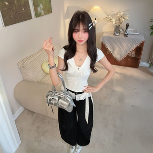 两件套 韩系穿搭一整套绑带正肩V领上衣搭配高腰长裤 2026夏季 新款