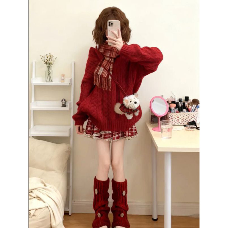2025秋冬绝美针织毛衣少女感简约新款红色新年元旦半身短裙两件套