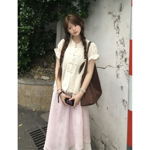 温柔可爱少女穿搭盘扣上衣女搭配粉色宽松半身裙夏季 新中式 两件套
