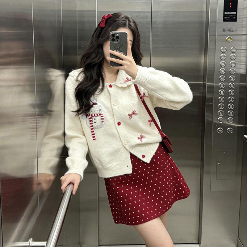 跨年学院风软萌围巾小猫娃娃领长袖毛衣女红色波点半身短裙两件套,女装/女士精品,时尚套装,淘宝优惠券,粉丝福利购,淘宝优惠卷