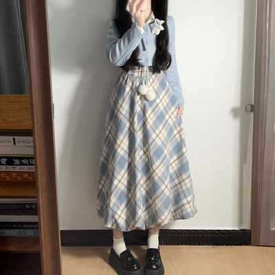 格纹假两件花苞裙+蓝色短款外套