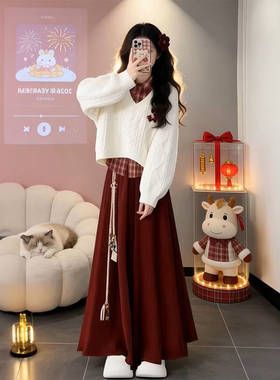 小众时尚风温柔穿搭一整套格纹衬衫+白色V领麻花毛衣+高腰半身裙