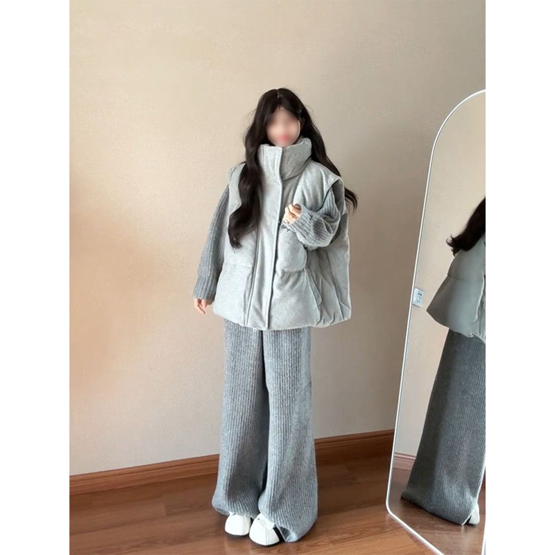 灰色长裤针织开衫毛衣背心马甲