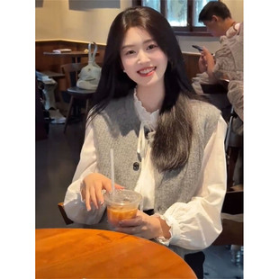 针织开衫 毛衣 木耳边立领衬衫 2024秋季 套装 韩系甜美无袖 时尚 新款